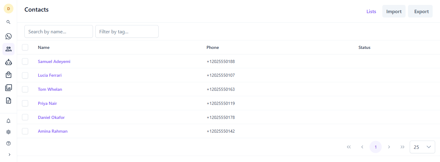 The MapleChat contacts table: customer names, phone numbers and status, with search, tag filtering, and buttons for lists, import and export.