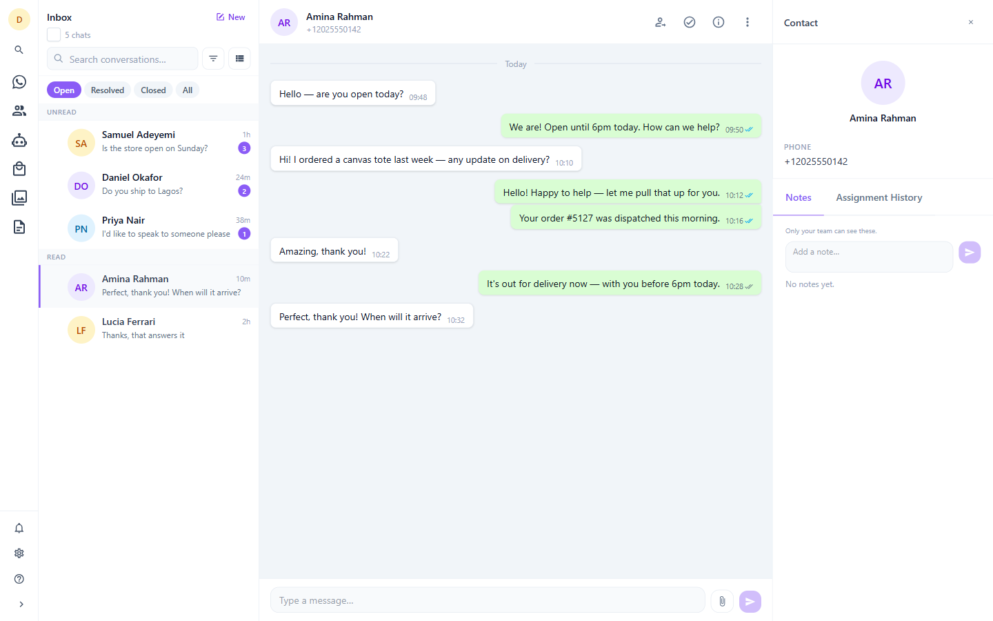 The MapleChat shared inbox: a conversation list showing status and who is handling each chat, an open thread in the middle, and a contact panel with notes and assignment history on the right.